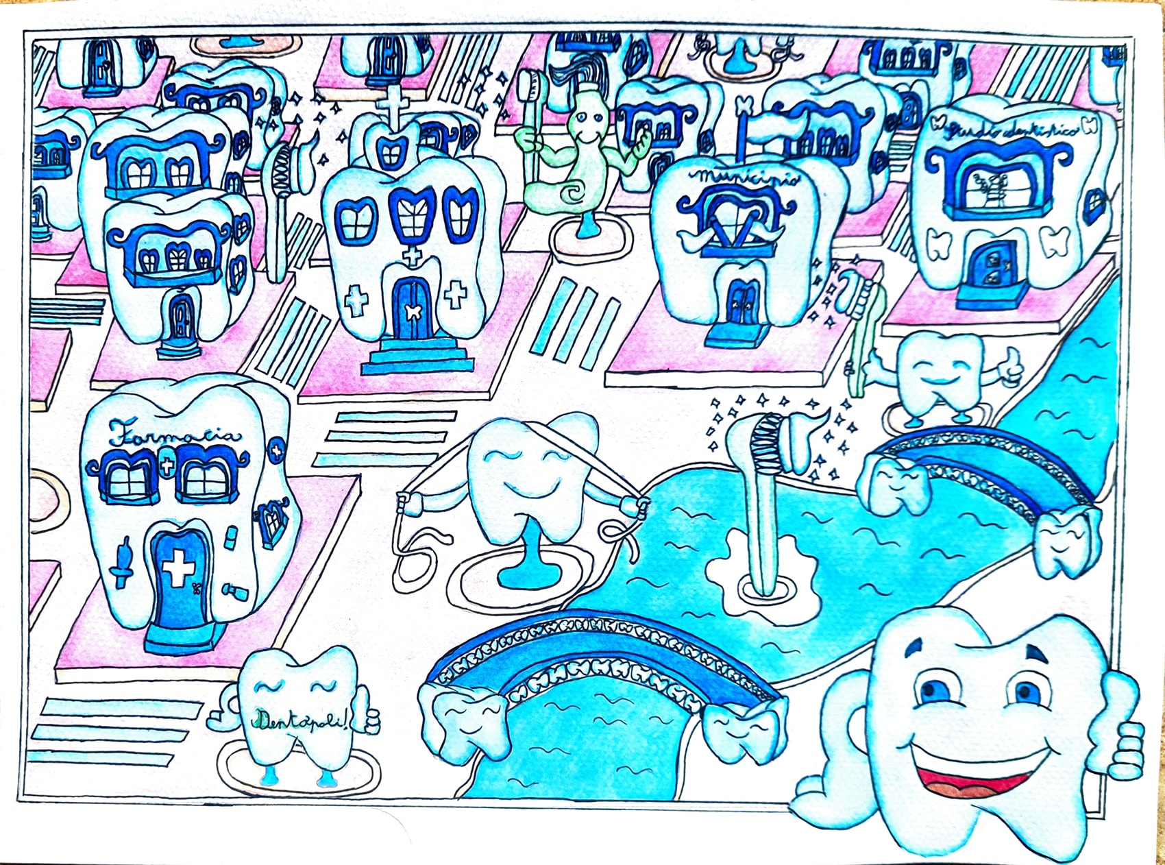 Illustrazione colorata con denti antropomorfi in piscina, fontane e personaggi sorridenti in stile fumetto.